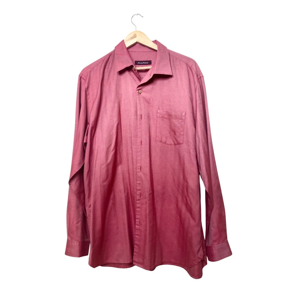 Tommy Bahama Mens Large Silk Cotton Herringbone Button Down Shirt Rose Pink L/G